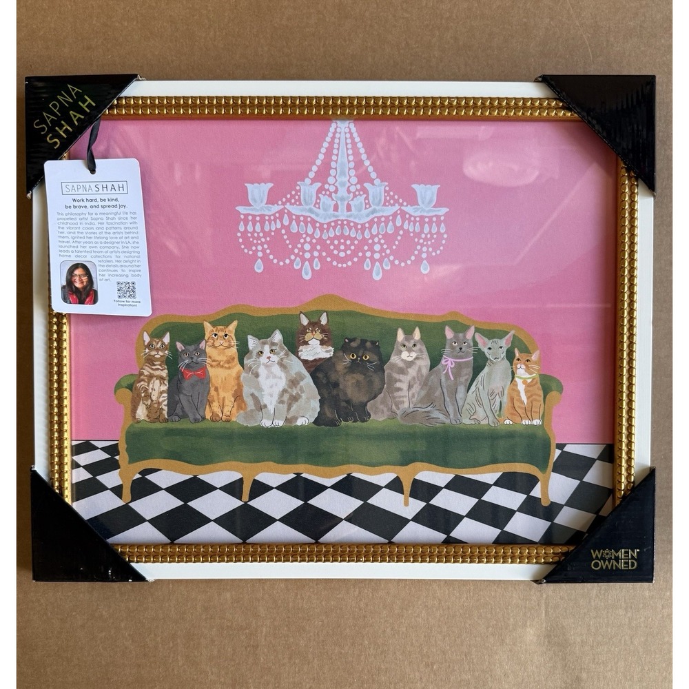 Sapna Shah Cats on Sofa Framed Wall Art Pink Gold White Wall Decor NWT